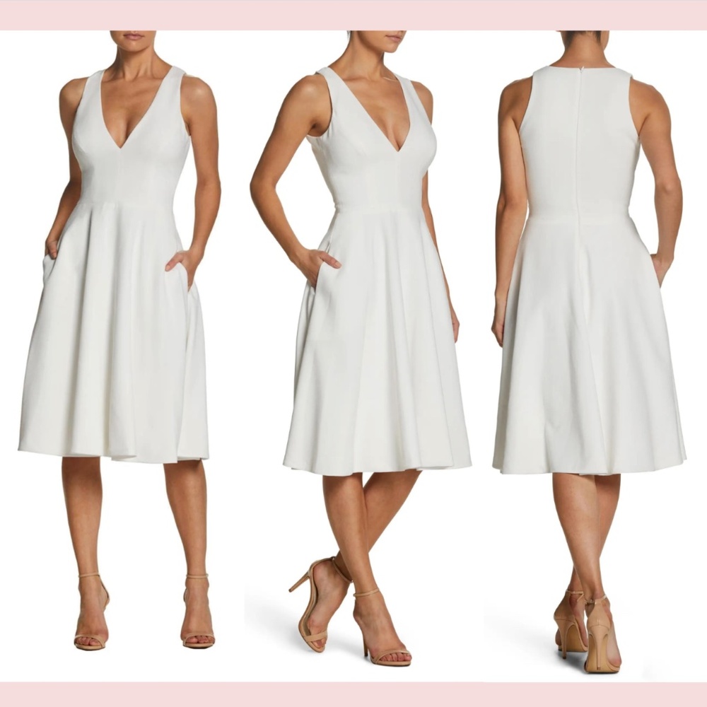 NEW $182 Dress the Population [ Large ]‎ Catalina Fit Flare Dress Off White